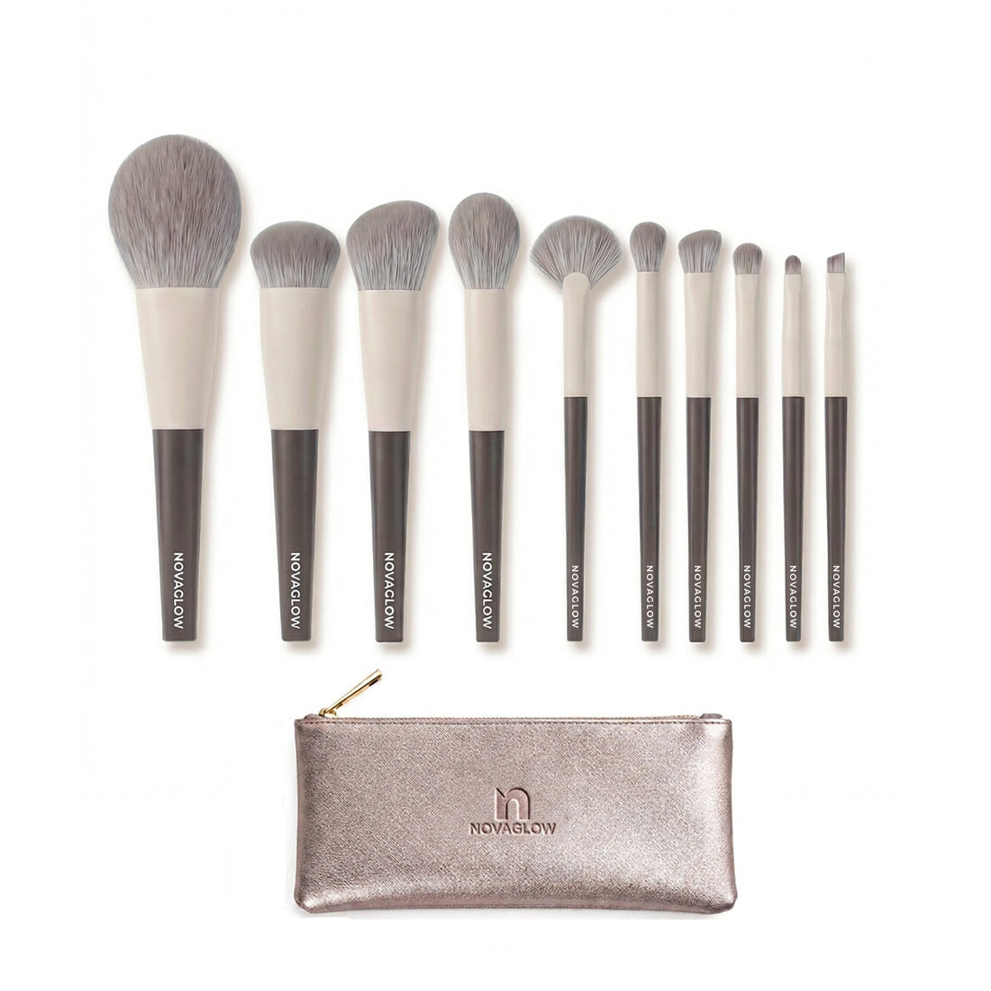 NOVAGLOW 10-piece FULL makeup brush set with travel pouch for everyday makeup
