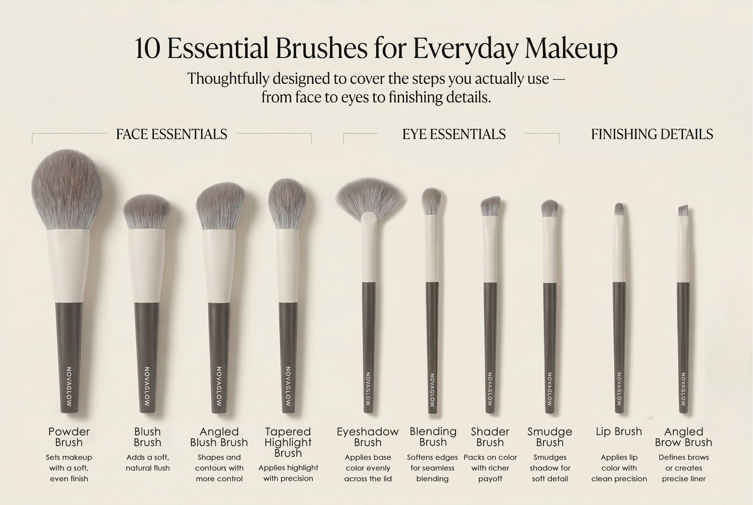 NOVAGLOW 10-piece makeup brush set guide for face, eye, and detail brushes