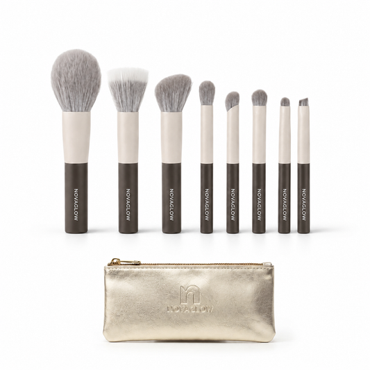 NOVAGLOW 8-piece MINI makeup brush set with travel pouch for everyday makeup