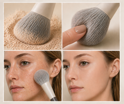 NOVAGLOW makeup brush showing powder pickup, soft bristles, and smooth blending