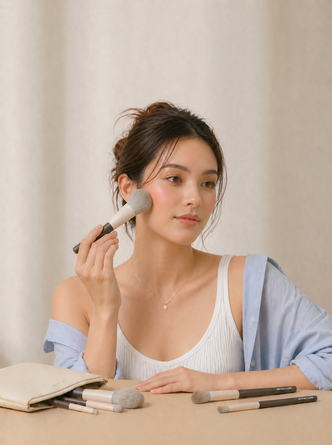NOVAGLOW blush brush used for soft everyday makeup application